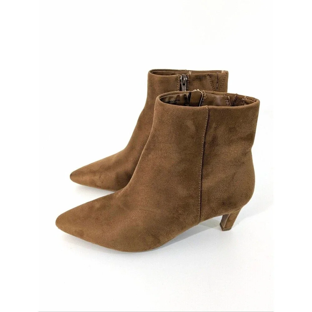 Brown Kitten Heel Microfiber Ankle Boots - Size 7.5 Womens - Faux Suede Booties